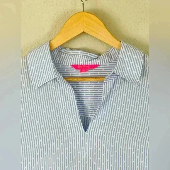 Lily Pulitzer Ginger Cotton Stretch Top flounce sleeve blue white Women's small - Picture 5 of 13